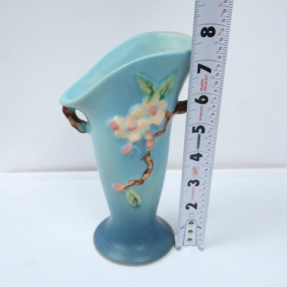 Roseville Vintage Pottery Apple Blossom Vase Shape 382-7 Aqua Blue